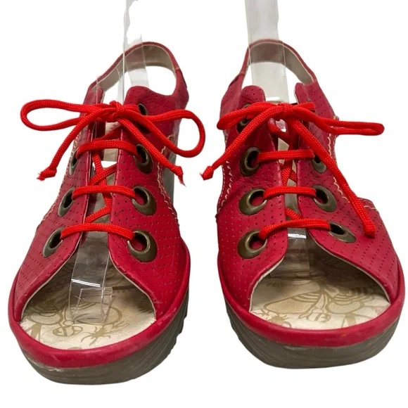 Fly London Ylfa Red Leather Lace Up Peep Toe Wedge Sandals Womens 40